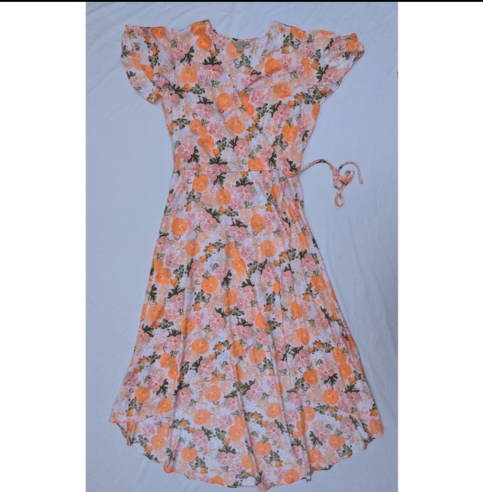 Belle and sky pink high low orange floral faux wrap v neck midi dress lg